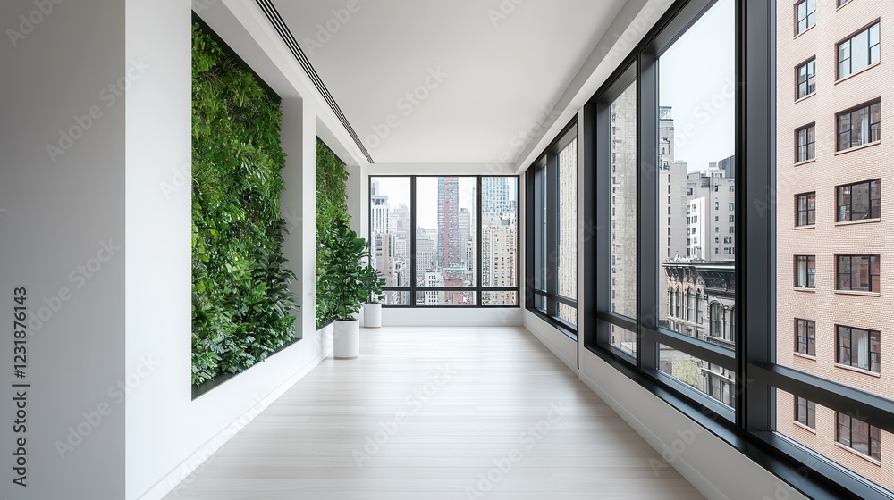 Fototapeta premium Modern Interior with Green Wall and City View from High Floor