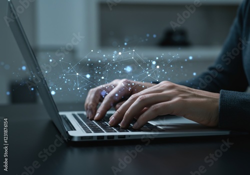 Hands typing on a laptop, overlaid with a glowing data network. Modern, tech-focused, productive