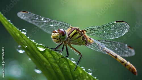 dragonfly, macro photography, 8K ultra HD, high resolution, nature photography, dewdrops, morning light, vibrant colors, insect photography, wildlife photography, green leaf, shimmering wings, close-u photo