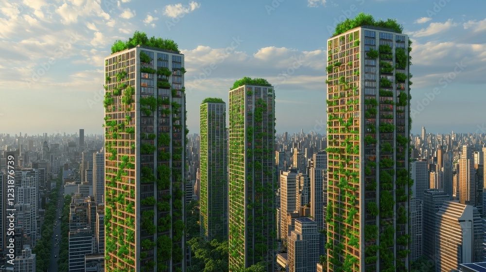 Obraz premium Modern Green Skyscrapers Surrounded by Urban Cityscape Skyline