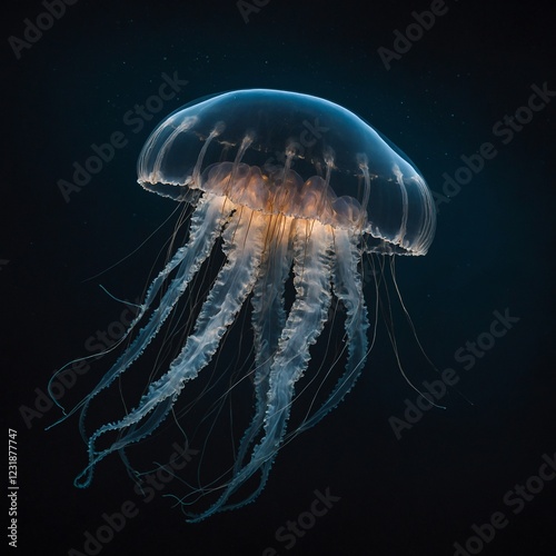 A box jellyfish with its delicate, transparent body floating in a dark void. photo