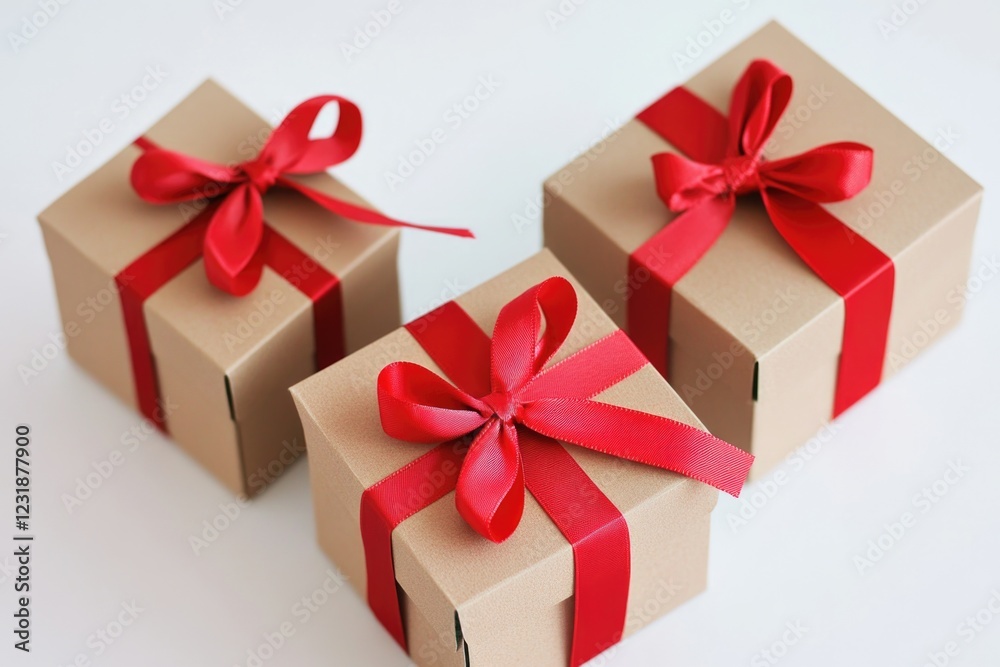 Fototapeta premium Three brown boxes wrapped with red ribbons and bows, ideal for gift wrapping or decorating