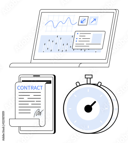 Laptop with analytics, tablet with signed contract, and stopwatch symbolizing timing. Ideal for digital signing, efficiency, project tracking, productivity, business workflows, analytics abstract