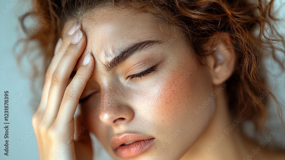 Close-up of a young woman with curly hair expressing discomfort, set against a soft background Close-up of a young woman with curly hair expressing discomfort, set against a soft background