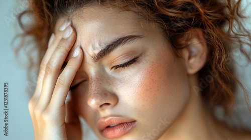 Close-up of a young woman with curly hair expressing discomfort, set against a soft background photo