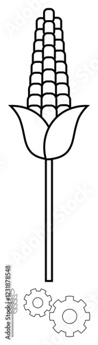 Corn plant stem with cob and husk, adjacent wheat stalk and two mechanical gears. Ideal for agriculture, biotechnology, mechanical engineering, sustainable farming, agritech solutions, crop