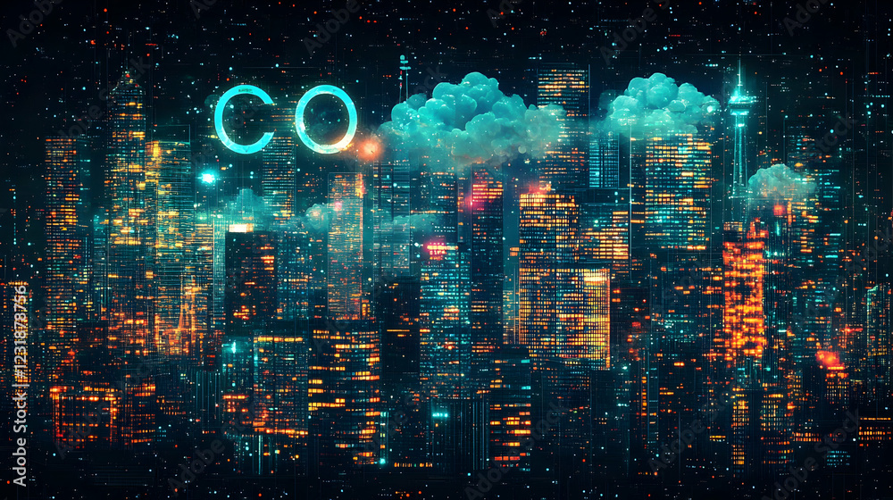 Fototapeta premium Cityscape at night, CO2 cloud above. Environmental impact