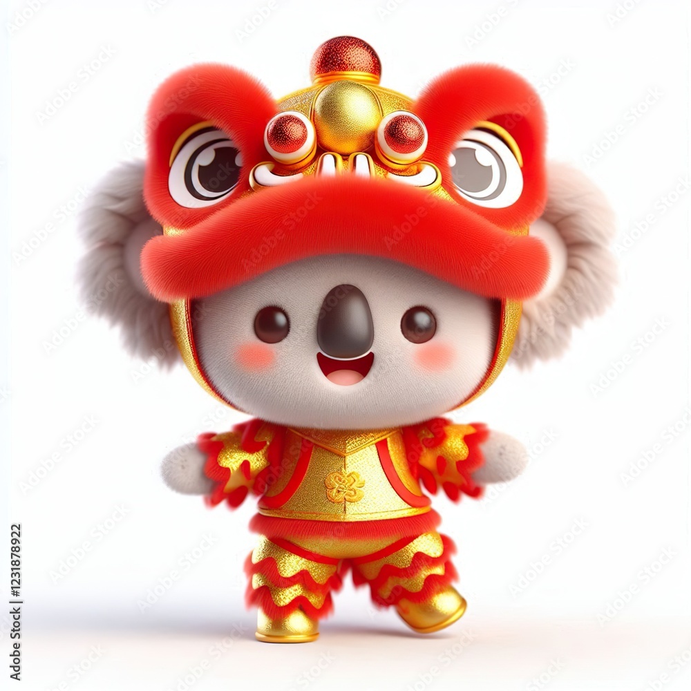 3D Adorable cartoon gold red happy Koala in a lion dance costume, white background 3D Adorable cartoon gold red happy Koala in a lion dance costume, white background