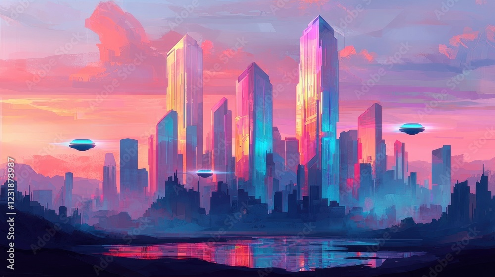 Fototapeta premium Futuristic Urban Landscape with Colorful Skyscrapers and UFOs
