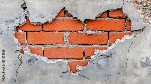 Fototapeta Naklejka Na Ścianę i Meble -  Broken concrete or painted white wall with red brick surface behind hole. Realistic 3d vector illustration of fissure split hole in drought distressed cement surface. Crushed breach with cleft.