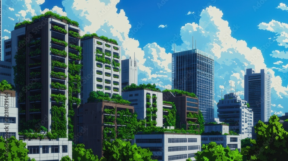 Fototapeta premium Urban Landscape with Lush Greenery and Blue Sky in Daylight