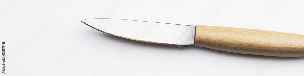 A knife with a wooden handle sits on a white surface, waiting for use