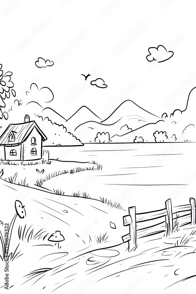 Obraz premium A hand drawn illustration of a house, a path, a fence, a river, mountains, and trees.