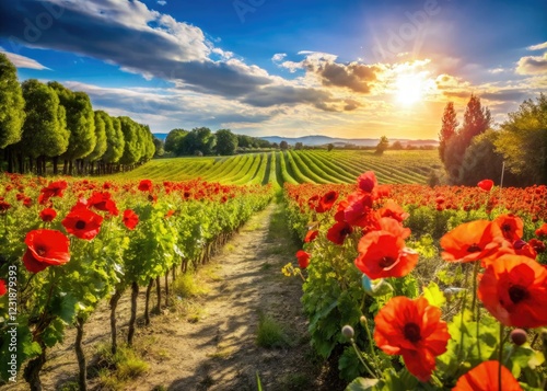 Sun-drenched poppies bloom amidst rolling vines, a quintessential French summer scene. photo