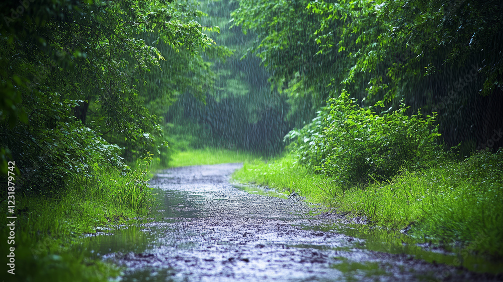 Obraz premium Summer rain in forest cartoon illustration. Panoramic scene of rainfall in wood with many trees, green grass and bushes, water puddles and footpath. Damp weather. Natural park landscape vector design