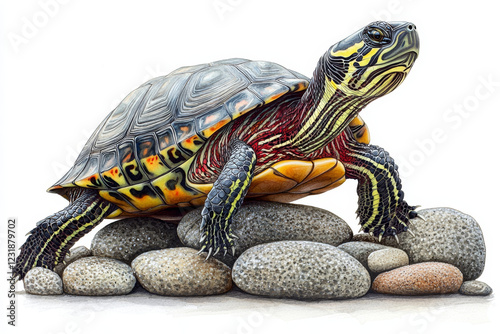 Striking Painted Turtle perched on smooth stones, vibrant shell details. photo