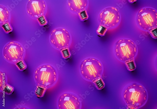 Glowing light bulbs arranged on purple background. photo