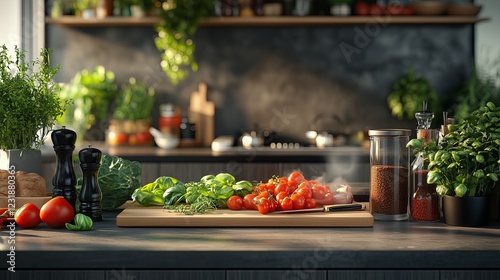 A kitchen counter with a cutting board full of vegetables including tomatoes, basil, and broccoli. There are also several spices and herbs on the counter