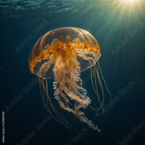 A jellyfish with a golden glow, floating like a royal crown in an empty space. photo