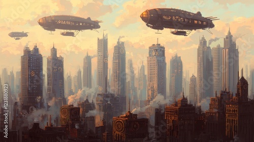 Futuristic Skyships Above Steampunk City with Tall Buildings and Clouds photo