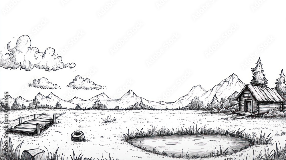 Fototapeta premium A hand-drawn illustration of a cabin in the mountains with a pond and a wooden dock.