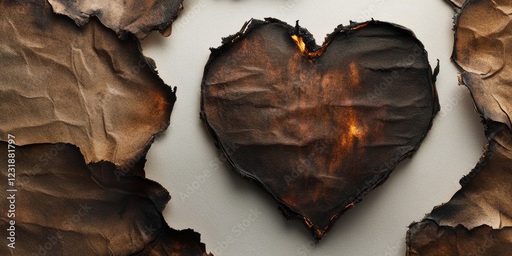 Obraz premium A burnt heart on a piece of paper with ashes and soot