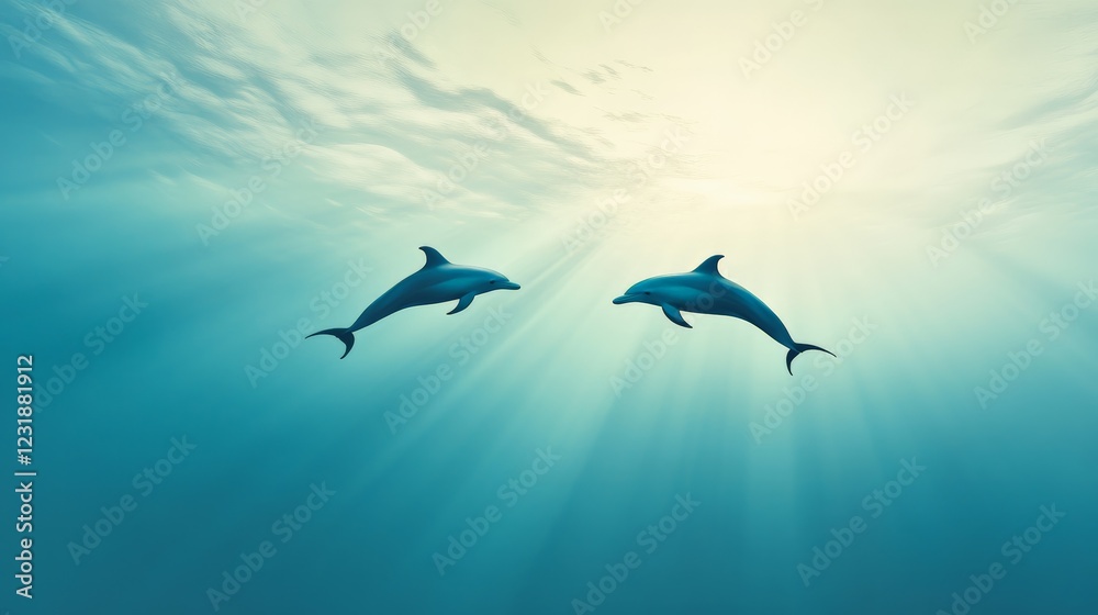 Obraz premium Two dolphins are swimming underwater in a tranquil ocean, illuminated by sunbeams filtering through the surface, creating a serene and captivating underwater scene
