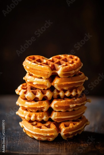 A plate of stacked waffles sitting on a wooden table, perfect for breakfast or brunch