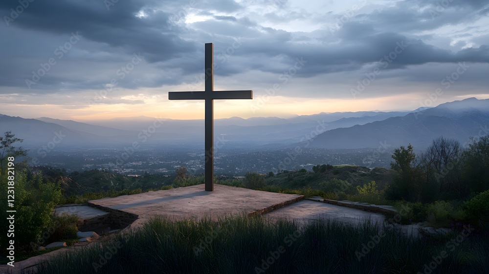 A tall cross with its base on the ground, standing in front of distant mountains
A tall cross with its base on the ground, standing in front of distant mountains