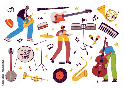 Jazz musical instruments and playing people. Cartoon musicians characters, professional vocalist, bass player and saxophonist, vector set