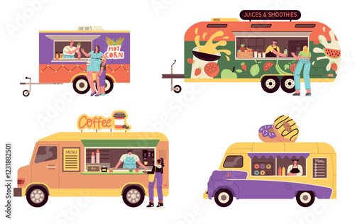 People at gastronomic kiosks. Fast food tracks with popcorn, smoothies, donuts and coffee, sellers and owners, festival objects, vector set