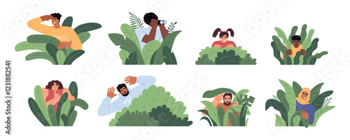 People hiding in bushes. Guys and girls watching from shelter, spying, surveillance and peeping, curious characters watching, vector set