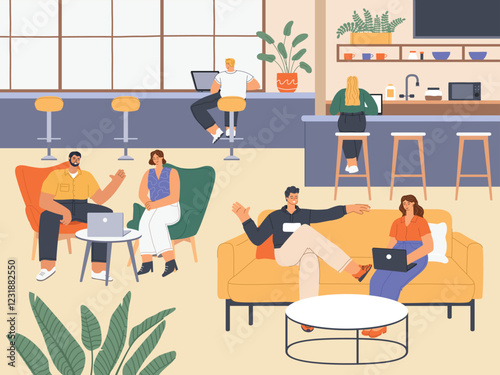 People in coworking. Modern cafeteria interior, freelancers work in common room, various remote areas of activity, vector illustration