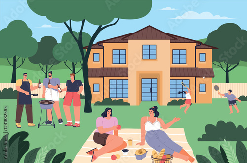 People on picnic in house yard. Friends at backyard bbq party, girls eat outdoors and talk, guys with beer roast meat, vector illustrationt