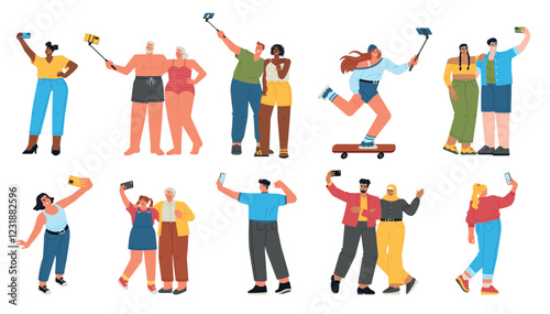 People take photo self portraits. Funny characters hold smartphones, photographed on front camera, social media shots creating, vector set