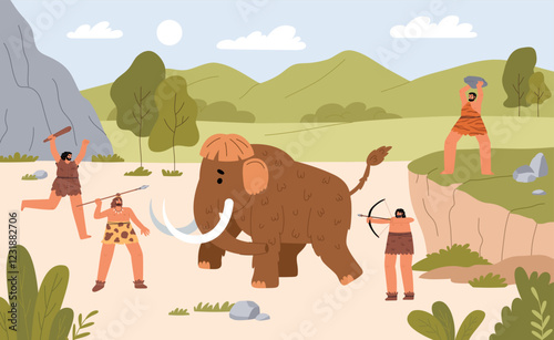 Primitive people hunt mammoth. Stone age hunting process, cavemen in animal skins with ancient weapons, tribe attack, vector illustration