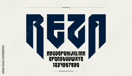 Sharp and bold gothic font for logo creation of for headlines, edgy geometric modern vector typeface, heavy metal and hard rock style alphabet with numbers.