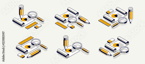 Engineering project concept, paper document blueprint with pencil engineer work job vector 3D isometric illustration, abstract plan drawing, cad scheme icon.
