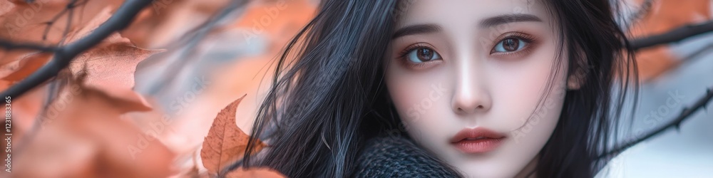 Naklejka premium A woman with long black hair wrapped in a scarf, great for use as a portrait or for representing mystery and intrigue