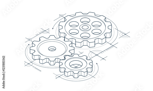 Engineer education concept, gears and cogs composition isometric 3D vector illustration, study science in university, engineering learning.