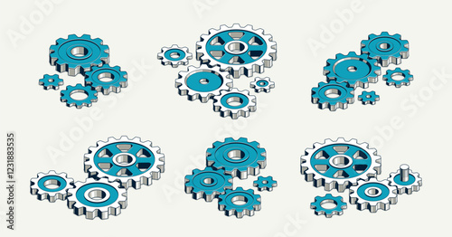 Teamwork concept set, gears and cogs composition isometric 3D vector illustration, business team cooperation metaphor, mechanical engine.