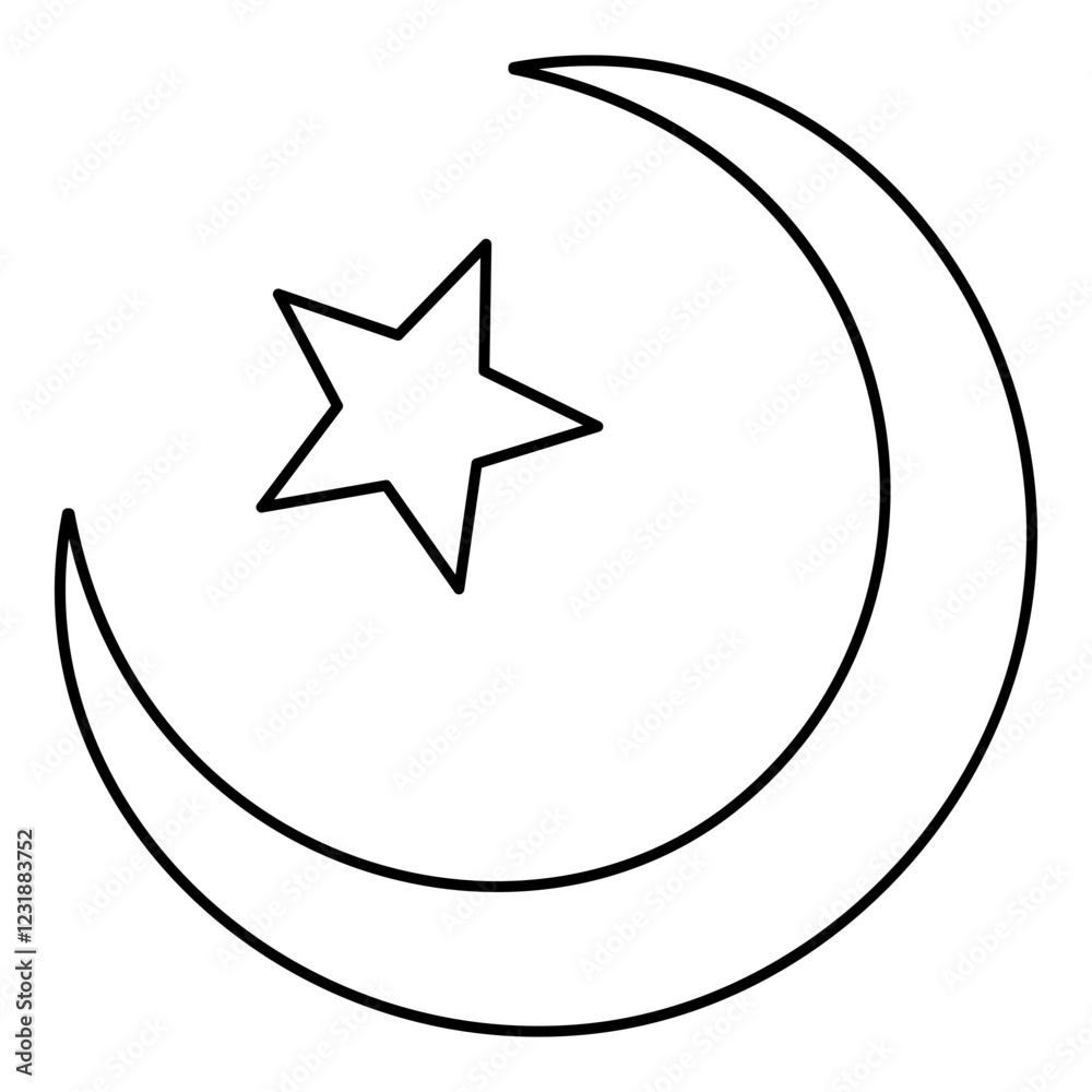Symbol Alem Islam Halfmoon Arabic moon and star contour outline line icon black color vector illustration image thin flat style Symbol Alem Islam Halfmoon Arabic moon and star contour outline line icon black color vector illustration image thin flat style