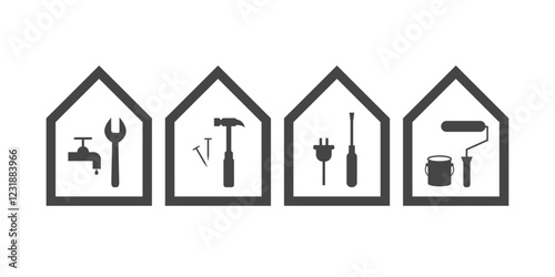 House with work tools as handyman logo or repairman icon set in gray color. Tool icons include wrench as plumbing, hammer as repair, screwdriver as electrician and paint roller as painter symbol.