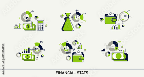 Abstract financial statistics vector bundle, finance and money analysis stats set, stock market graphs and diagrams.