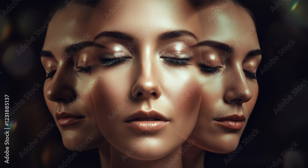 Ethereal portrait of a woman with multiple reflections, showcasing beauty and serenity Ethereal portrait of a woman with multiple reflections, showcasing beauty and serenity