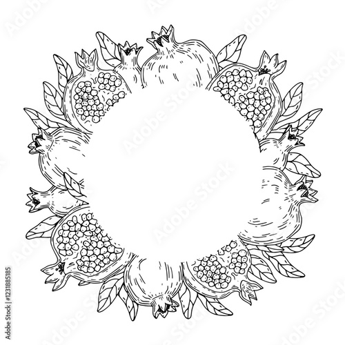 Round frame with pomegranate fruit and leaves with space for text in the center. Hand drawn sketch on white background.