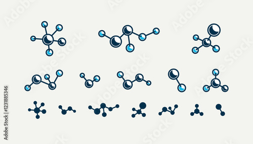Chemical molecules vector icons set, chemistry science theme, laboratory research and experiments, pharmacology and healthcare.