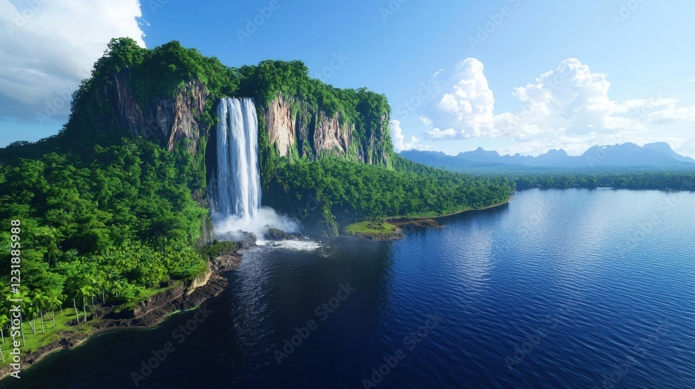 Fototapeta premium Lush Tropical Waterfall Cascading into a Calm Lake