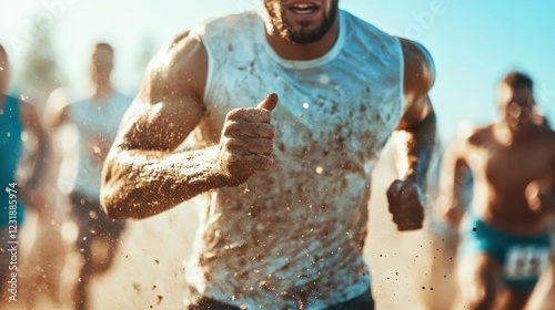 Mud-caked athletes sprinting fiercely through a challenging outdoor course photo