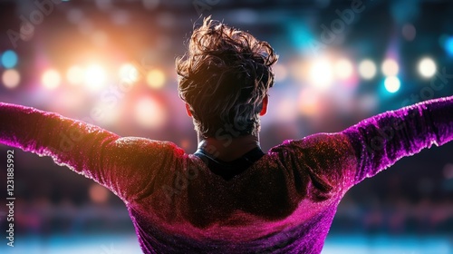 This stunning image features a male figure skater embracing the moment with a glittering costume while surrounded by a lively atmosphere, highlighting the beauty of sport and expression.